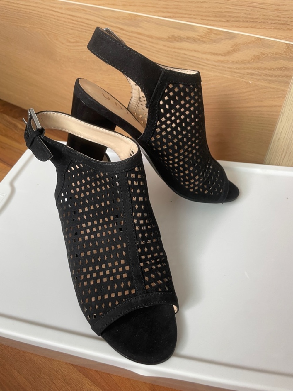 Unisa Black Perforated Peep-Toe Slingback Block Heels